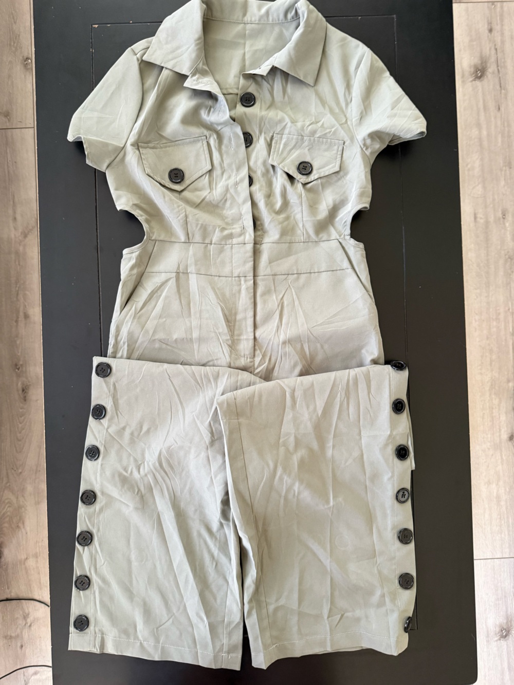 Sage Green Short Sleeve Button-Front Cutout Jumpsuit